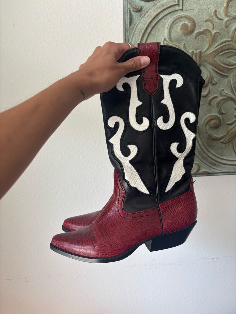 Red Black Western Cowboy Boots Leather Y2K Style Size 6